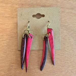 Vintage Red Wooden Statement Dangly Earrings Gold Detail